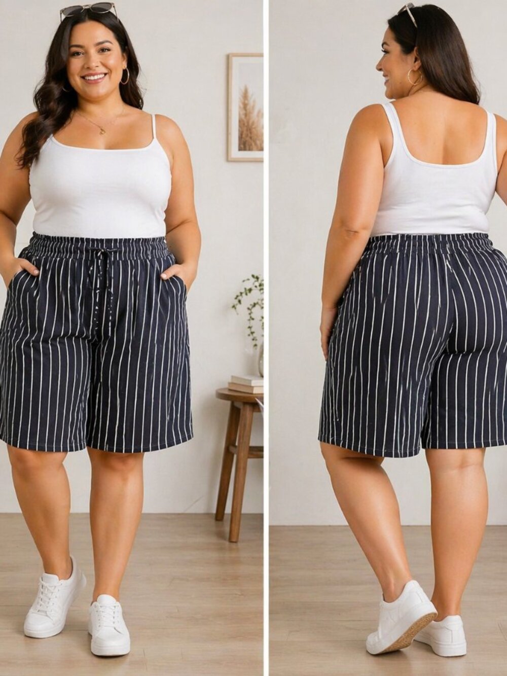 New 4XL Black Pinstripe Bermuda Elastic Waist Wide Leg Casual Summer Shorts